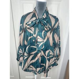 Green & Tan Pleated Sleeves‎ Blouse loose fit size Large